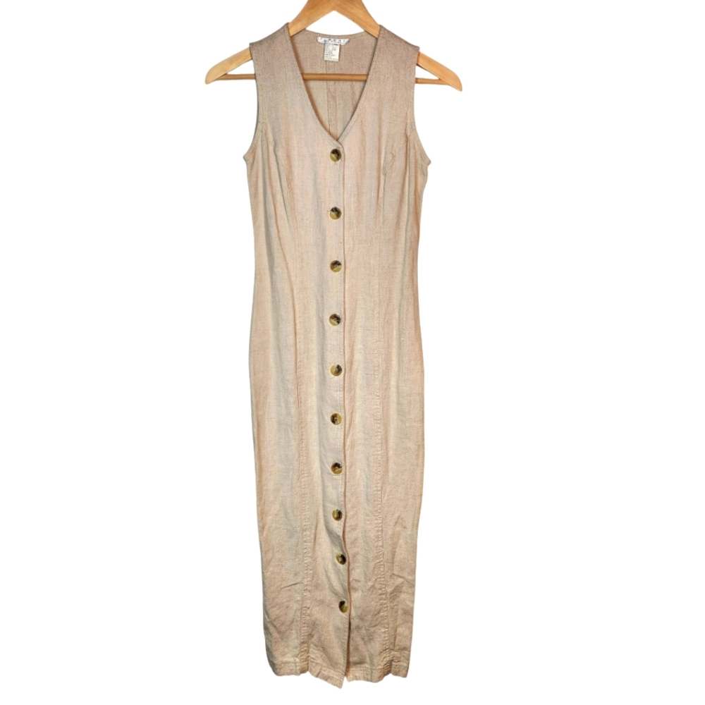 Vintage 90s Linen Sleeveless Maxi Dress Beige Cottagecore Scandi Euro Boho XS